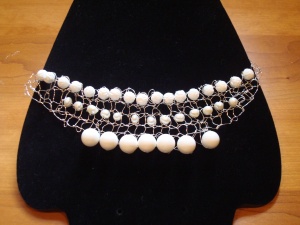 White-on-white bead and wire knitted necklace